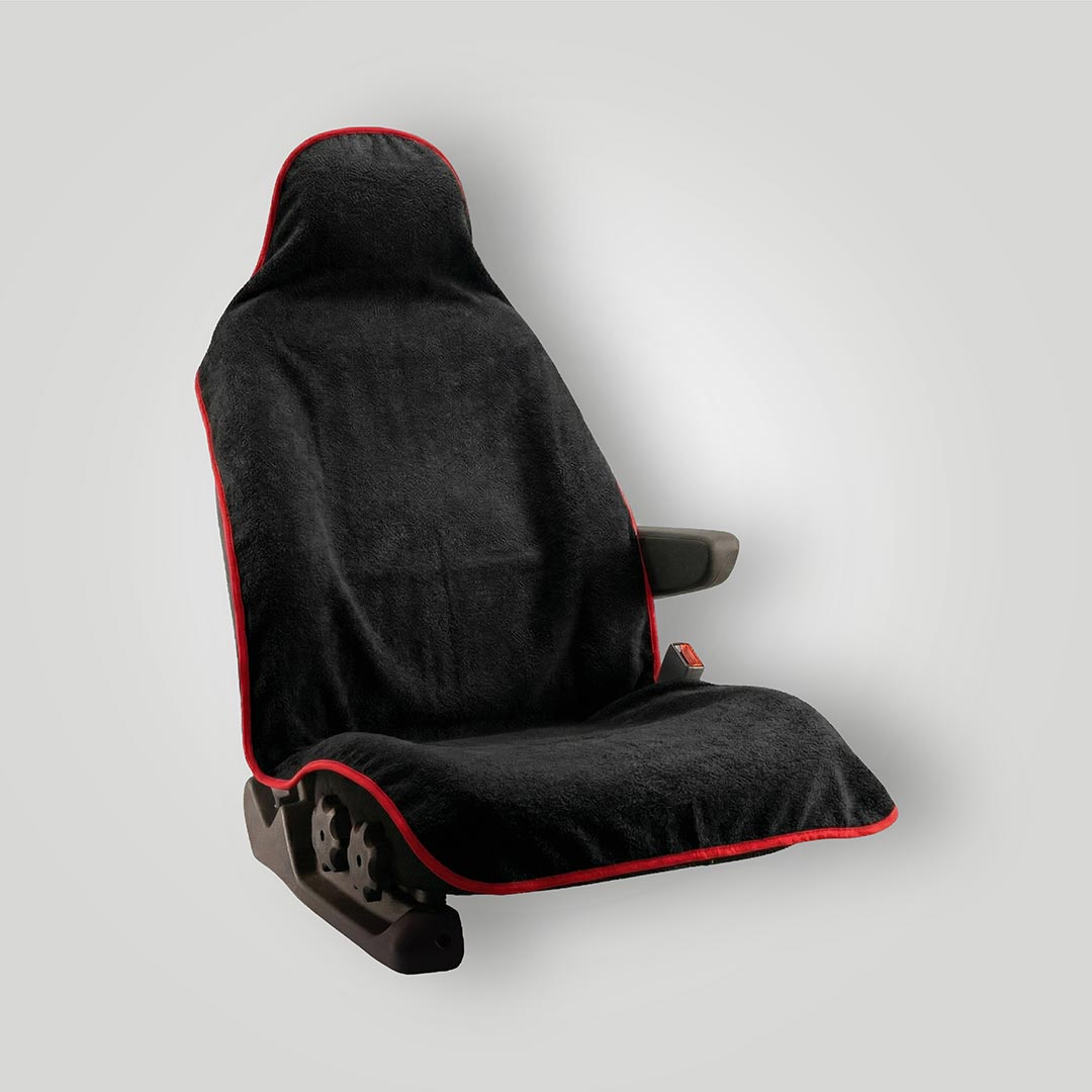 Black and red waterproof car seat towel fitted over a front car seat