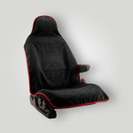 Black and red waterproof car seat towel fitted over a front car seat