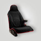Black and red waterproof car seat towel fitted over a front car seat