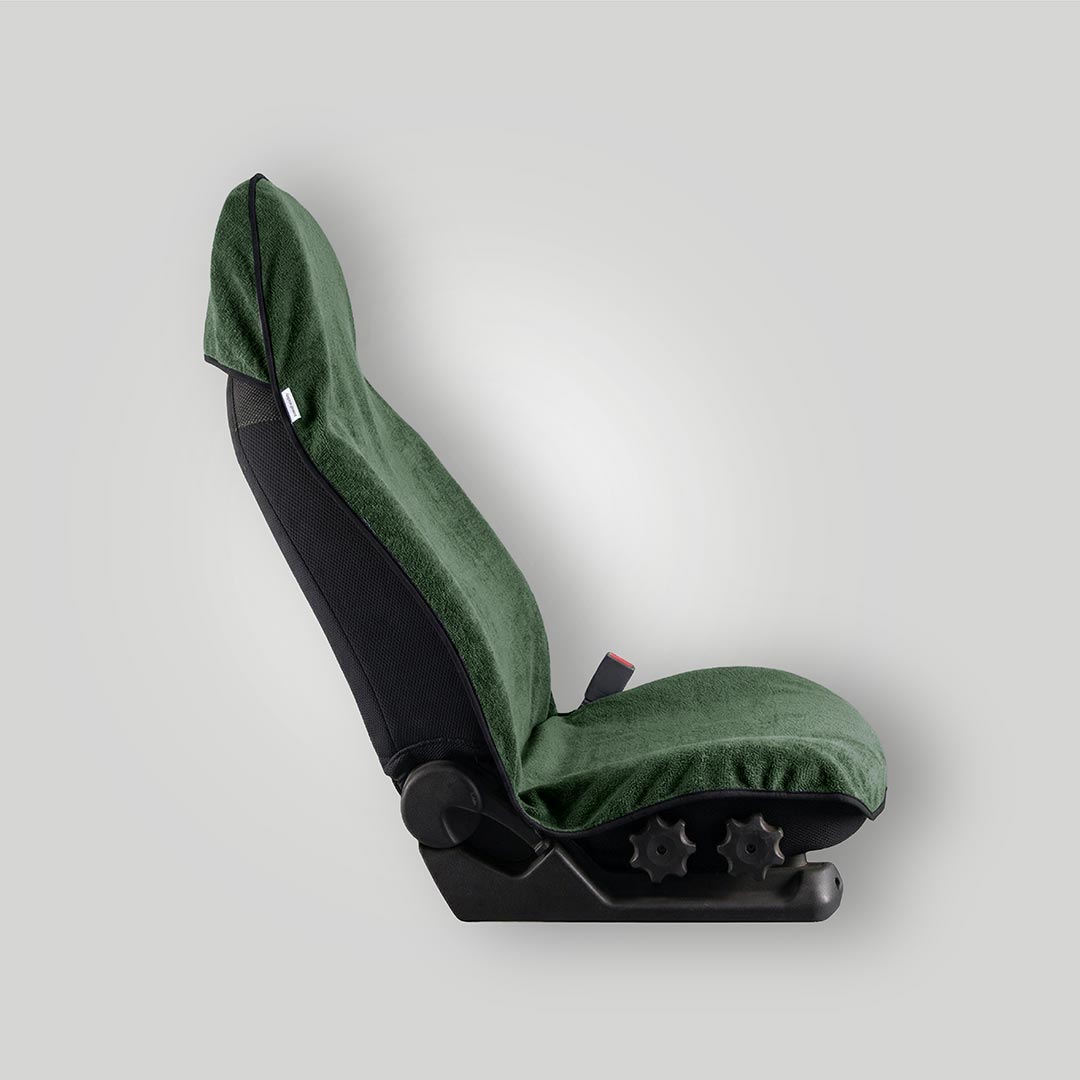 Moss green waterproof car seat towel side view fitted over a front car seat