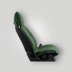 Moss green waterproof car seat towel side view fitted over a front car seat