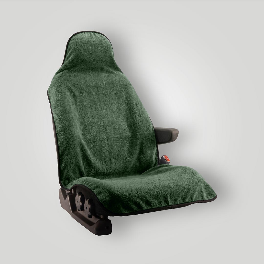 Moss green waterproof car seat towel fitted over a front car seat