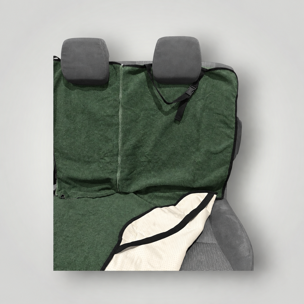 Moss Green back seat towel with folded base showing waterproof backing