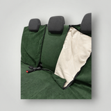 Moss Green waterproof back seat towel showing unzipped cream backing