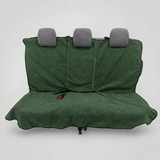 Moss Green waterproof back seat towel fitted across a rear bench seat on a light grey studio background