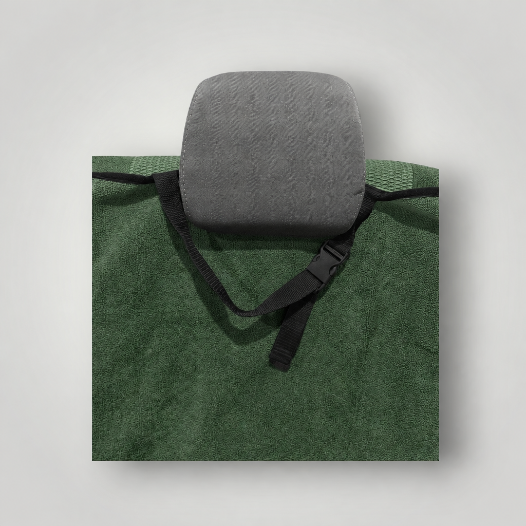 Moss Green back seat towel adjustable headrest strap detail