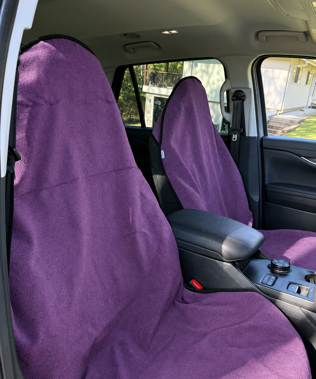 Purple towels installed in car