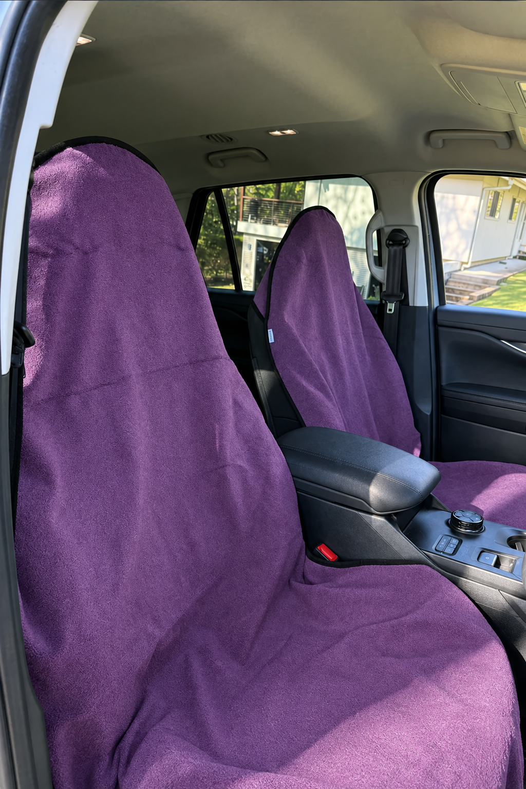 Purple towels installed in car